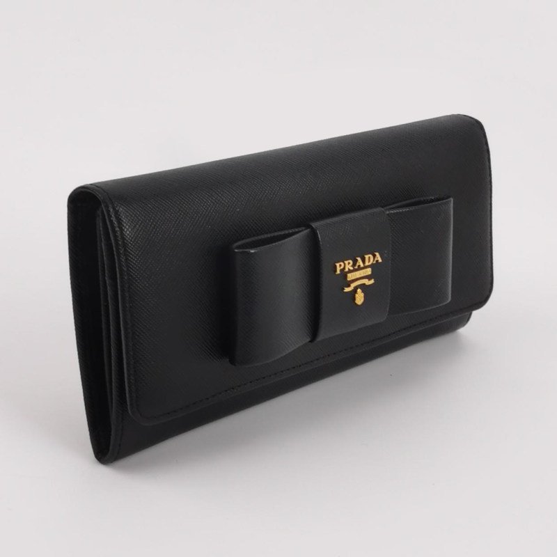 Prada牛皮純色字母Logo蝴蝶結裝飾皮夾-2