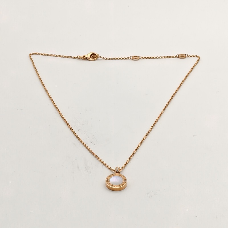 BVLGARI 18K玫瑰金鑽石白貝母縞瑪瑙雙面圓餅鑲鑽項鏈-4