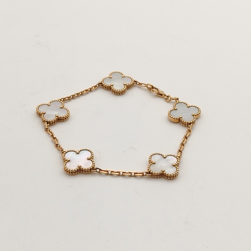 VAN CLEEF&ARPELS VintageAlhambra中號五花手鏈新扣18K黃金/白貝母S-M碼-1