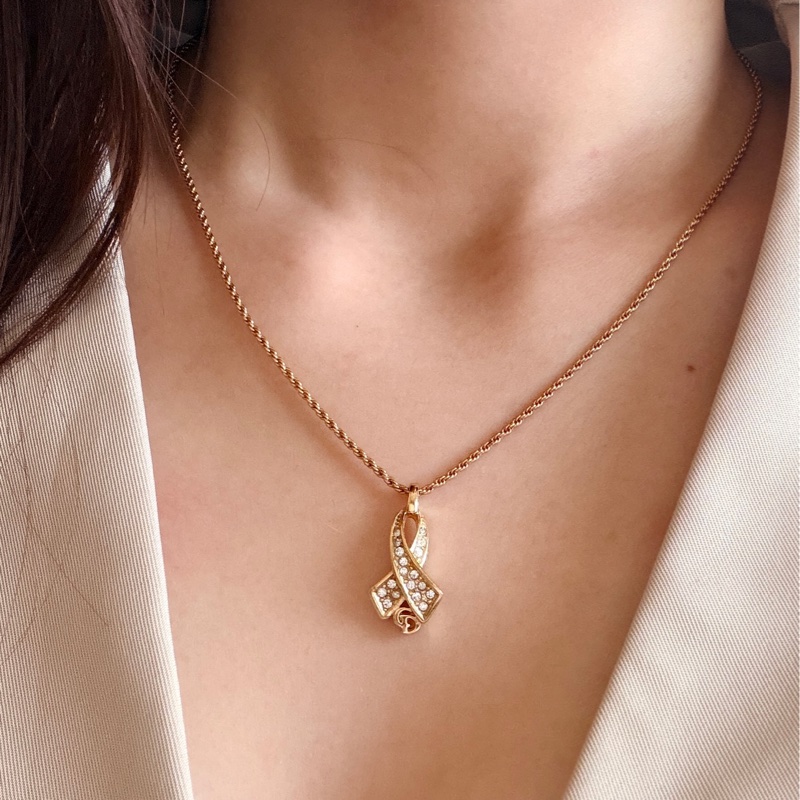 迪奧 Christian Dior絲帶結CD Logo鍍金頸鏈 項鍊-1