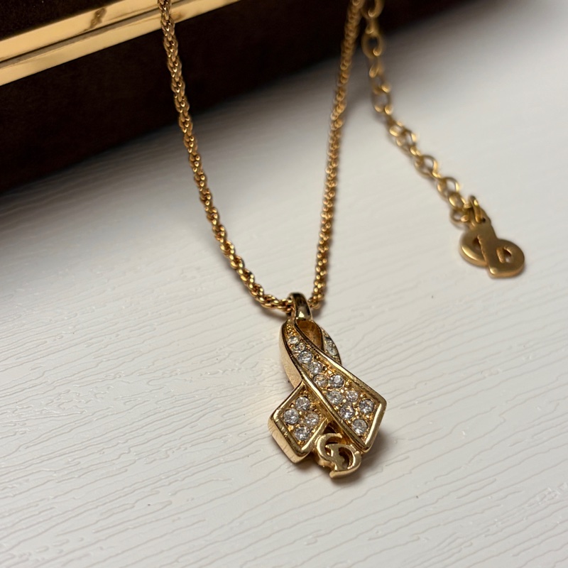 迪奧 Christian Dior絲帶結CD Logo鍍金頸鏈 項鍊-3