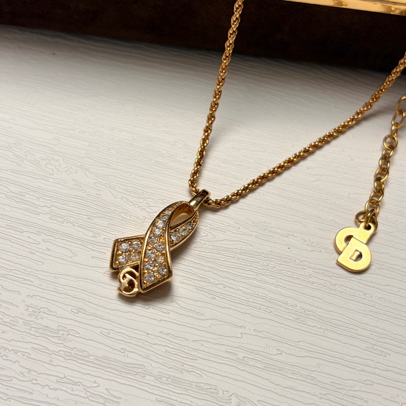 迪奧 Christian Dior絲帶結CD Logo鍍金頸鏈 項鍊-4