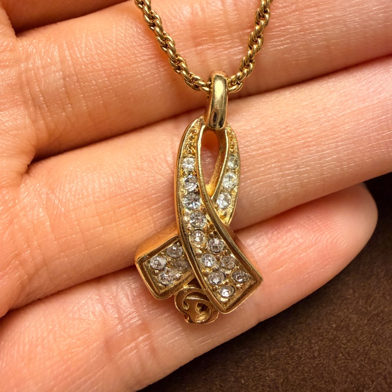 迪奧 Christian Dior絲帶結CD Logo鍍金頸鏈 項鍊-12