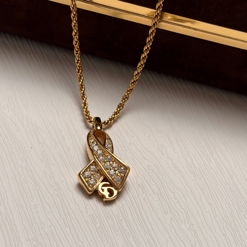 迪奧 Christian Dior絲帶結CD Logo鍍金頸鏈 項鍊-17