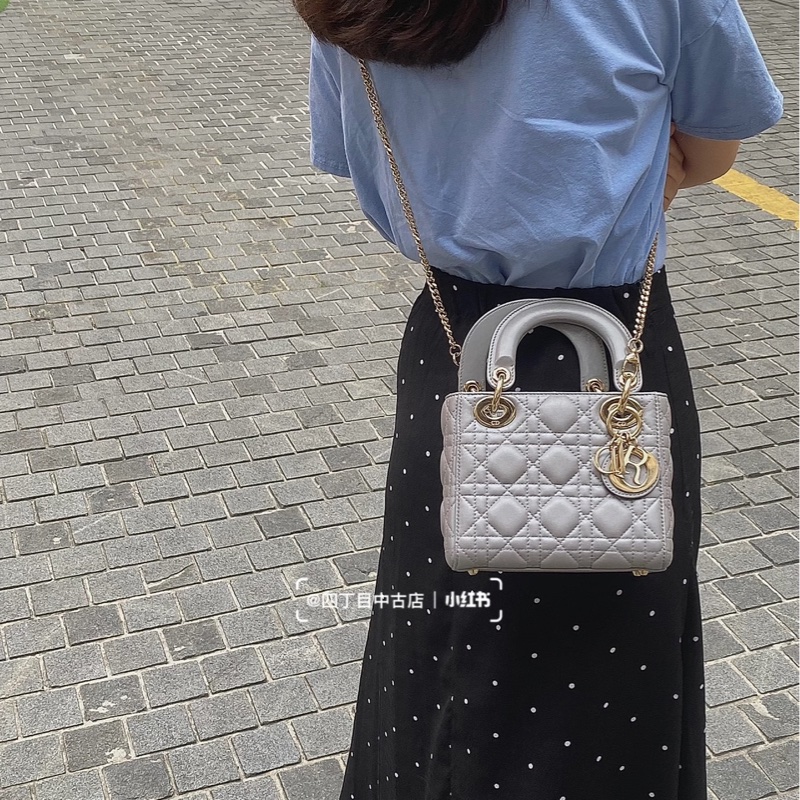 迪奧黛妃包 Dior Mini Lady Dior 蛋白石灰羊皮✨氣質必收款 手提肩背兩用 M0505OBDU-4
