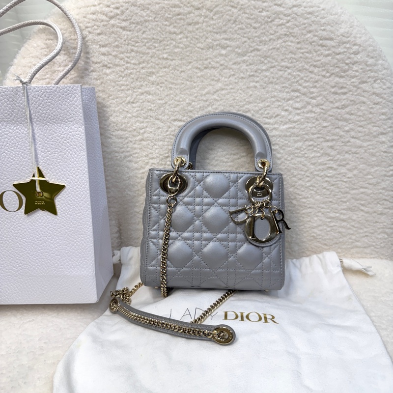 迪奧黛妃包 Dior Mini Lady Dior 蛋白石灰羊皮✨氣質必收款 手提肩背兩用 M0505OBDU-8
