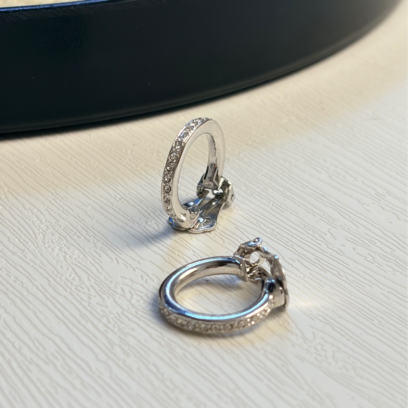Christian Dior 水鑽鍍銀耳環 耳夾 銀色耳圈 迪奧-0