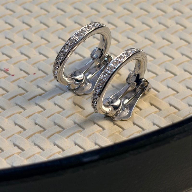 Christian Dior 水鑽鍍銀耳環 耳夾 銀色耳圈 迪奧-3