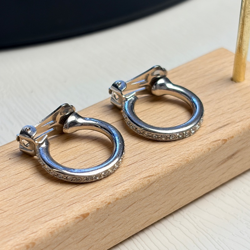 Christian Dior 水鑽鍍銀耳環 耳夾 銀色耳圈 迪奧-6