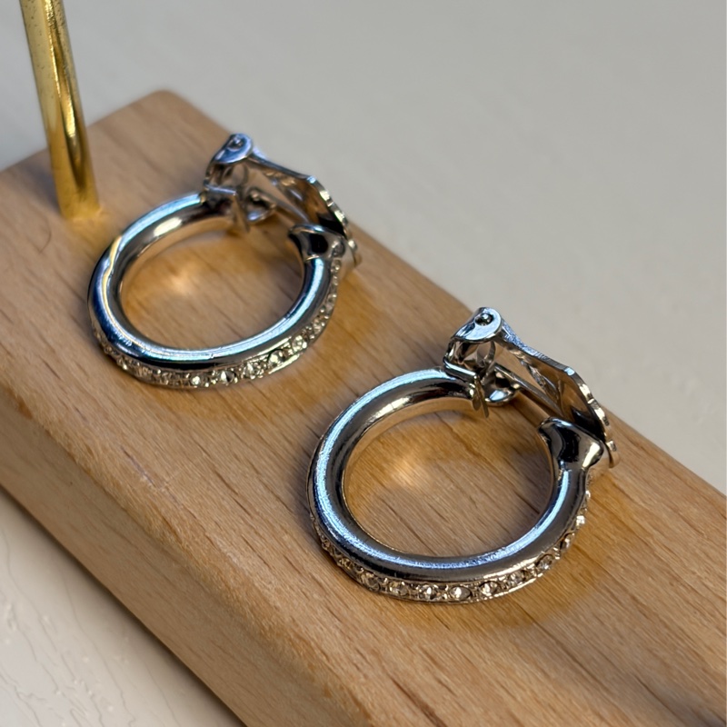 Christian Dior 水鑽鍍銀耳環 耳夾 銀色耳圈 迪奧-7