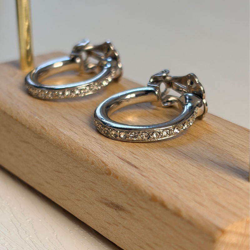 Christian Dior 水鑽鍍銀耳環 耳夾 銀色耳圈 迪奧-8