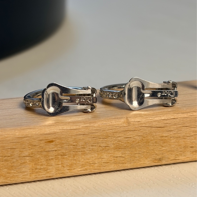 Christian Dior 水鑽鍍銀耳環 耳夾 銀色耳圈 迪奧-9