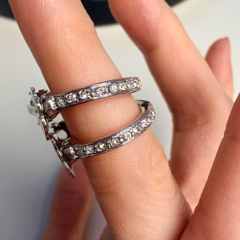 Christian Dior 水鑽鍍銀耳環 耳夾 銀色耳圈 迪奧-13