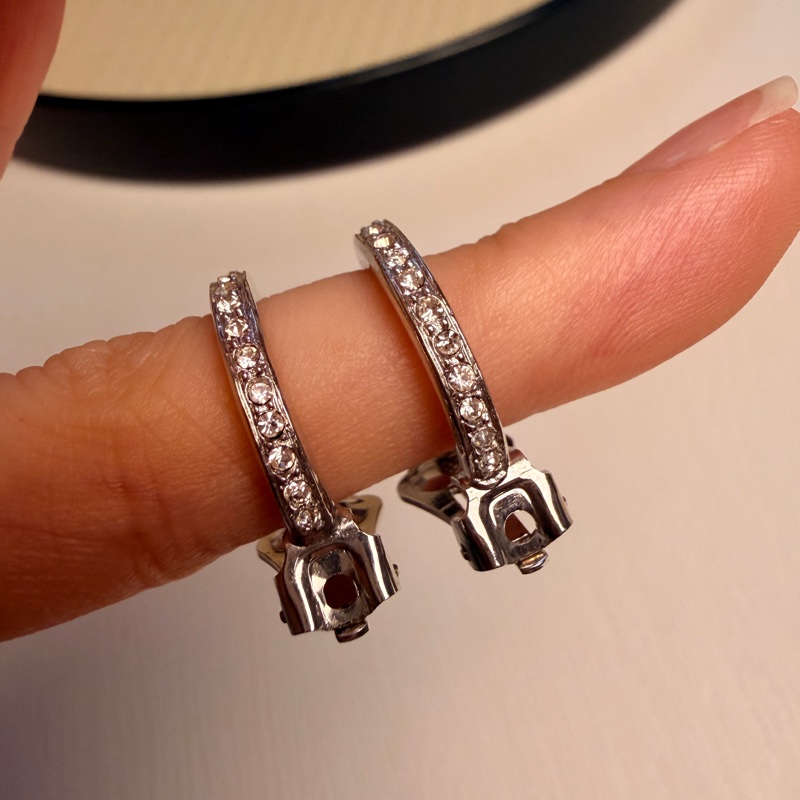 Christian Dior 水鑽鍍銀耳環 耳夾 銀色耳圈 迪奧-15