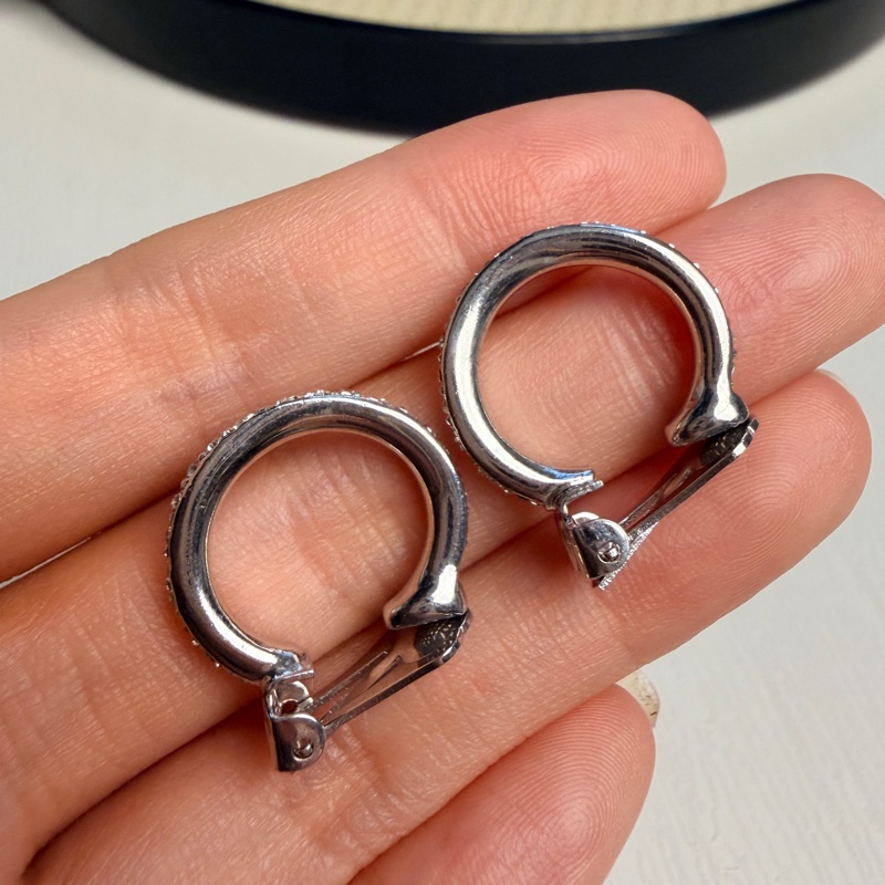 Christian Dior 水鑽鍍銀耳環 耳夾 銀色耳圈 迪奧-16