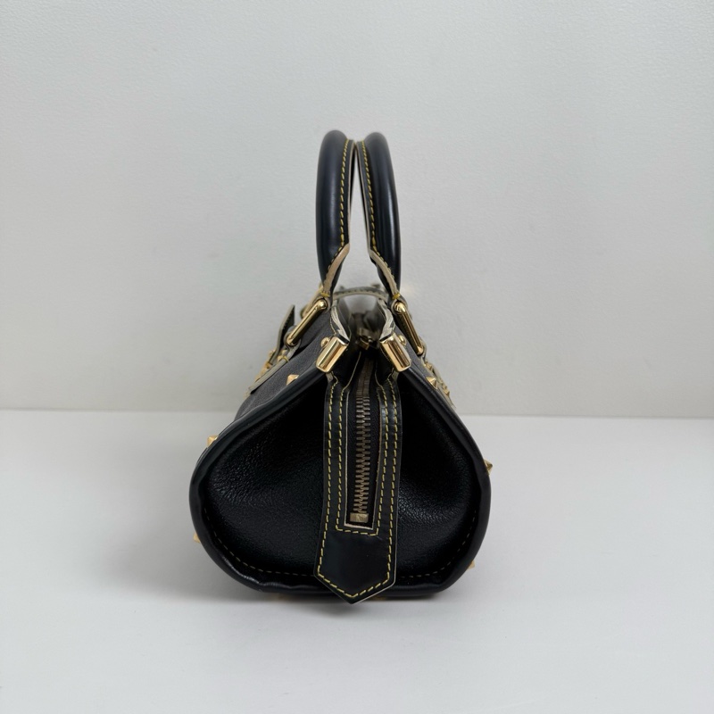 Louis Vuitton/路易威登 哈蘇路 黑色牛皮鉚釘 手提包 金扣-3