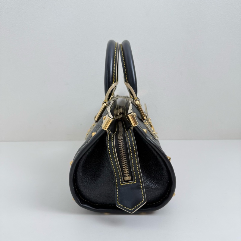 Louis Vuitton/路易威登 哈蘇路 黑色牛皮鉚釘 手提包 金扣-4