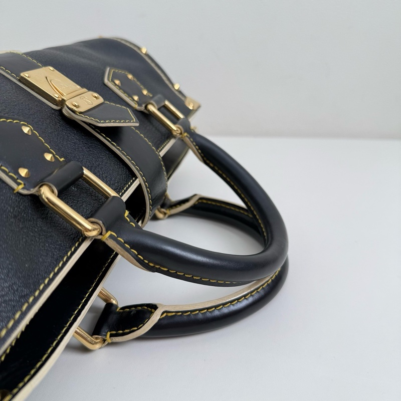 Louis Vuitton/路易威登 哈蘇路 黑色牛皮鉚釘 手提包 金扣-5