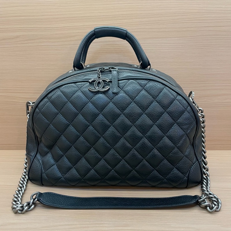 Chanel 荔枝纹黑色银扣挂坠保龄球手提单肩包 大號 2017年,22開 有塵袋 無卡 無盒子-0
