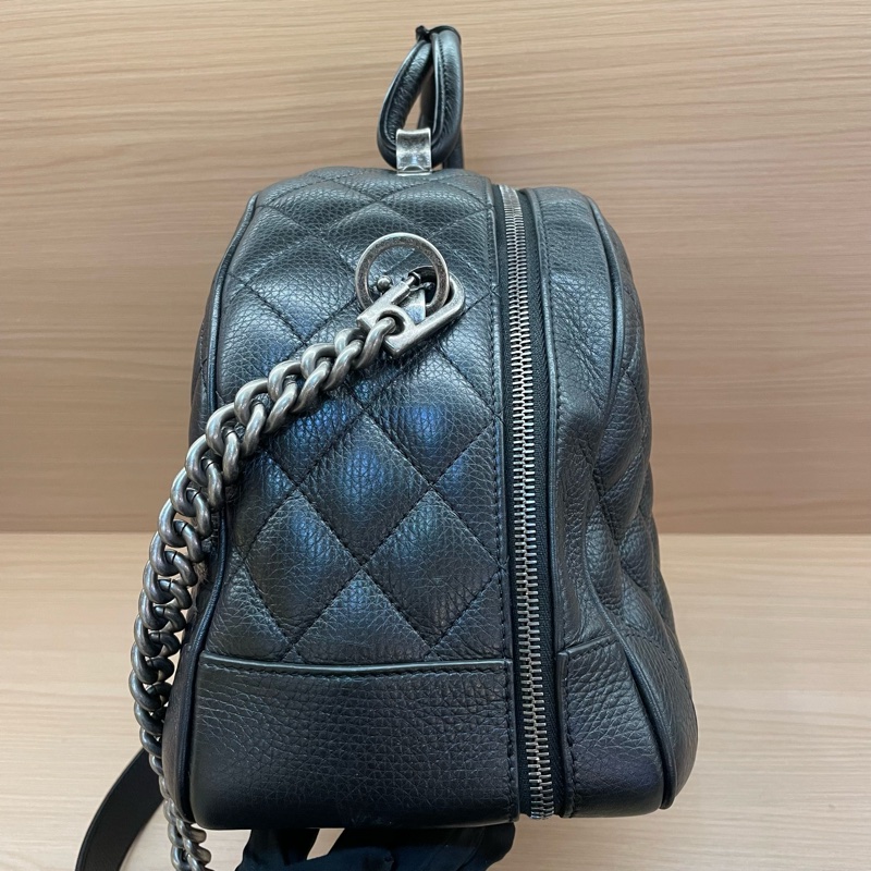 NO:C74 Chanel 荔枝纹黑色银扣挂坠保龄球手提单肩包 大號 2017年,22開 有塵袋 無卡 無盒子-2