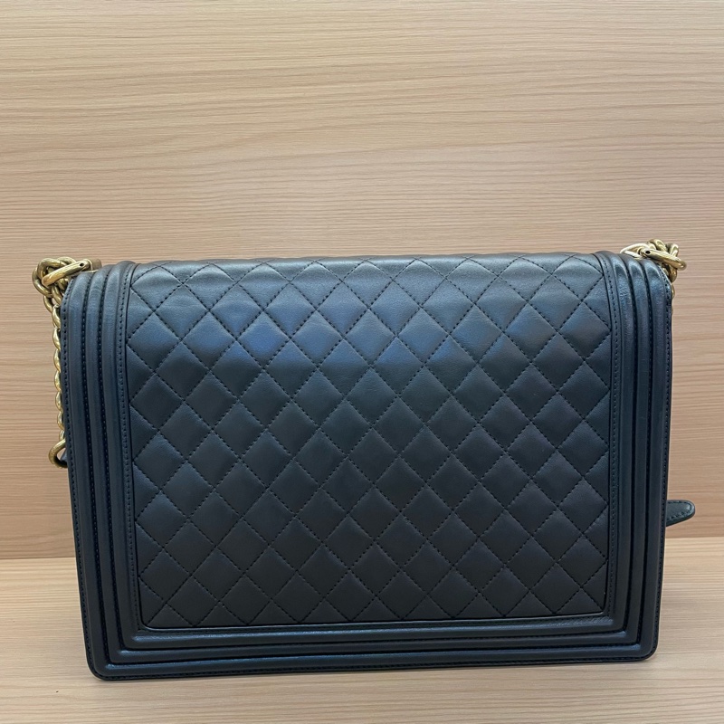 NO：C61 Chanel香奈儿黑色金扣leboy 鏈條包牛皮 大號 2014年、19開 尺寸底長30*高21*寬8*有卡 有塵袋 無盒子-1