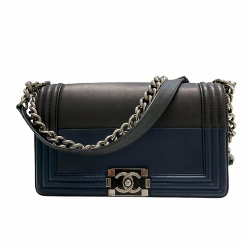 CHANEL 香奈兒 BOY25 皮革 鍊條肩背包 海軍藍×黑色