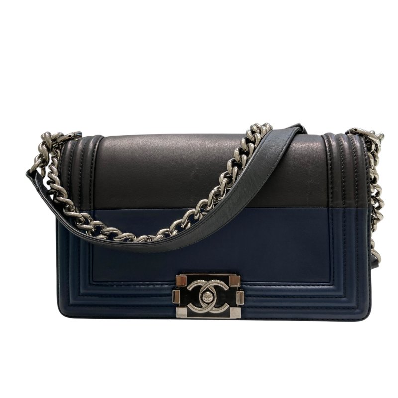 CHANEL 香奈兒 BOY25 皮革 鍊條肩背包 海軍藍×黑色-0
