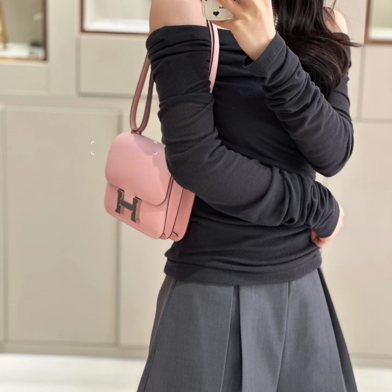 【少女心爆棚🌸最網最甜價✨】Hermes愛馬仕constance康康19 3Q櫻花粉銀扣 Swift皮-1