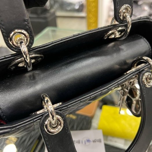 東區正精品㊣CD CHRISTIAN DIOR LADY 迪奧黑色全皮Logo 銀扣吊飾手提包黛妃包兩用包 RZ6347-1