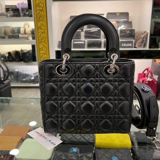 東區正精品㊣CD CHRISTIAN DIOR LADY 迪奧黑色全皮Logo 銀扣吊飾手提包黛妃包兩用包 RZ6347-5