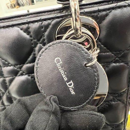 東區正精品㊣CD CHRISTIAN DIOR LADY 迪奧黑色全皮Logo 銀扣吊飾手提包黛妃包兩用包 RZ6347-7