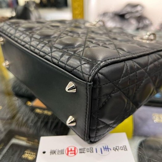 東區正精品㊣CD CHRISTIAN DIOR LADY 迪奧黑色全皮Logo 銀扣吊飾手提包黛妃包兩用包 RZ6347-9