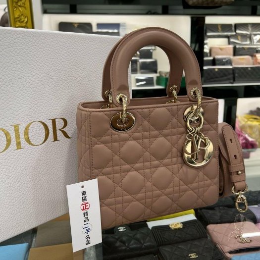 東區正精品㊣CHRISTIAN DIOR LADY 迪奧玫瑰粉色全皮5格金色吊飾金釦拉鍊肩背包手提包黛妃包 RZ5163-1