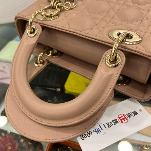 東區正精品㊣CHRISTIAN DIOR LADY 迪奧玫瑰粉色全皮5格金色吊飾金釦拉鍊肩背包手提包黛妃包 RZ5163-5