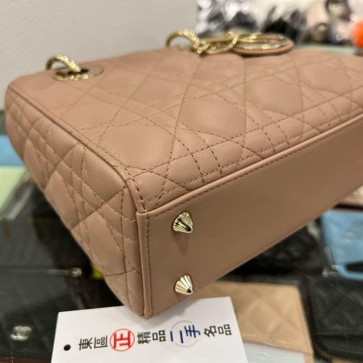 東區正精品㊣CHRISTIAN DIOR LADY 迪奧玫瑰粉色全皮5格金色吊飾金釦拉鍊肩背包手提包黛妃包 RZ5163-6