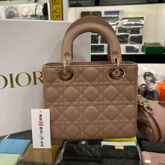 東區正精品㊣CHRISTIAN DIOR LADY 迪奧玫瑰粉色全皮5格金色吊飾金釦拉鍊肩背包手提包黛妃包 RZ5163-9
