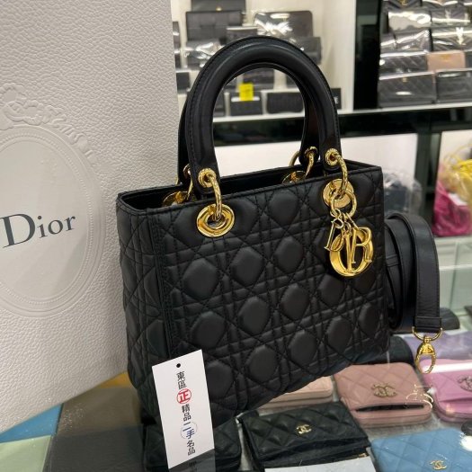 東區正精品㊣CHRISTIAN DIOR LADY M 迪奧黑色羊皮全皮5格金色吊飾金釦拉鍊肩背包手提包黛妃包 RZ4779-2
