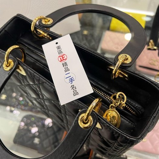 東區正精品㊣CHRISTIAN DIOR LADY M 迪奧黑色羊皮全皮5格金色吊飾金釦拉鍊肩背包手提包黛妃包 RZ4779-3