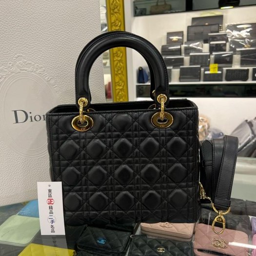 東區正精品㊣CHRISTIAN DIOR LADY M 迪奧黑色羊皮全皮5格金色吊飾金釦拉鍊肩背包手提包黛妃包 RZ4779-4