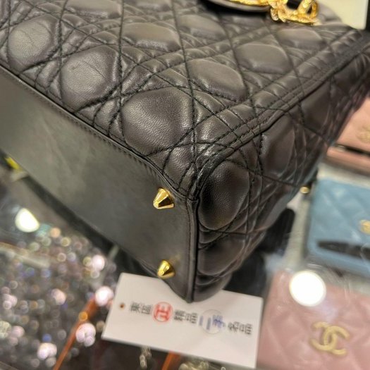 東區正精品㊣CHRISTIAN DIOR LADY M 迪奧黑色羊皮全皮5格金色吊飾金釦拉鍊肩背包手提包黛妃包 RZ4779-6