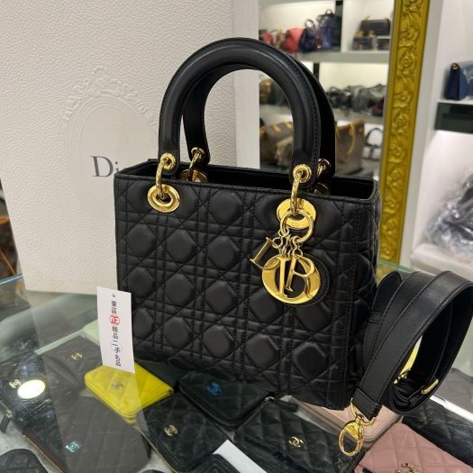 東區正精品㊣CHRISTIAN DIOR LADY M 迪奧黑色羊皮全皮5格金色吊飾金釦拉鍊肩背包手提包黛妃包 RZ4779-13