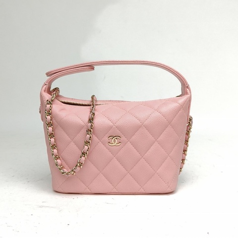 CHANEL 嬉皮HOBO飯盒包粉色荔枝牛皮鐳射標金扣菱格紋