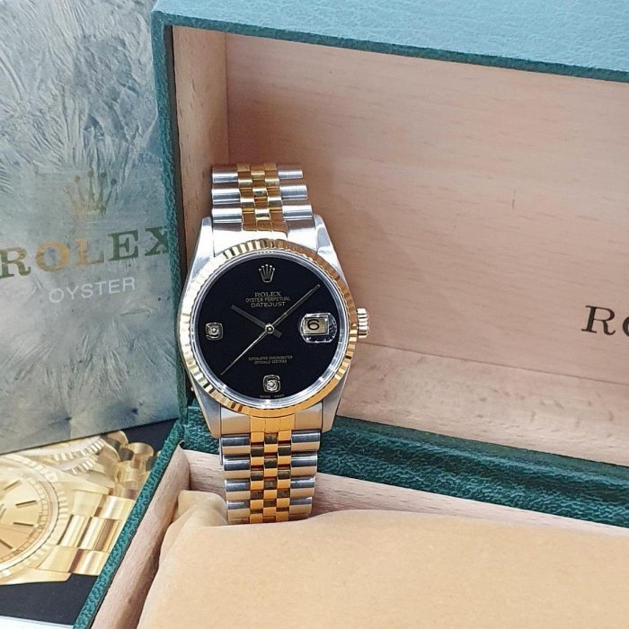 【大眾名錶】ROLEX 勞力士 16233 Datejust 蠔式日誌 全配件 市場罕有 無字天書 黑瑪瑙6.9鑽 錶徑36mm B1009-1