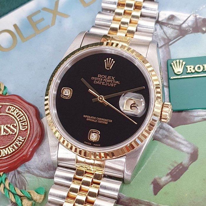【大眾名錶】ROLEX 勞力士 16233 Datejust 蠔式日誌 全配件 市場罕有 無字天書 黑瑪瑙6.9鑽 錶徑36mm B1009-8