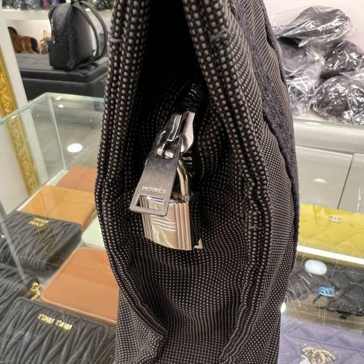 東區正精品㊣ HERMES HERLINE 灰色帆布H LOGO多口袋釦子拉鍊手提包小款 RZ6349-4