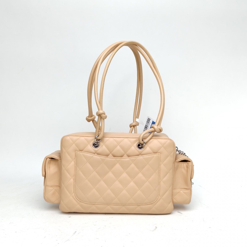 CHANEL 奶茶色牛皮10開銀扣中古康鵬機車包小號-2