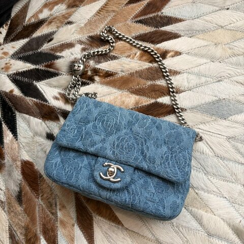 CHANEL 丹寧山茶花COCO鏈包 藍色 晶片款