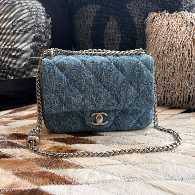 CHANEL 丹寧山茶花COCO鏈包 藍色 晶片款-1