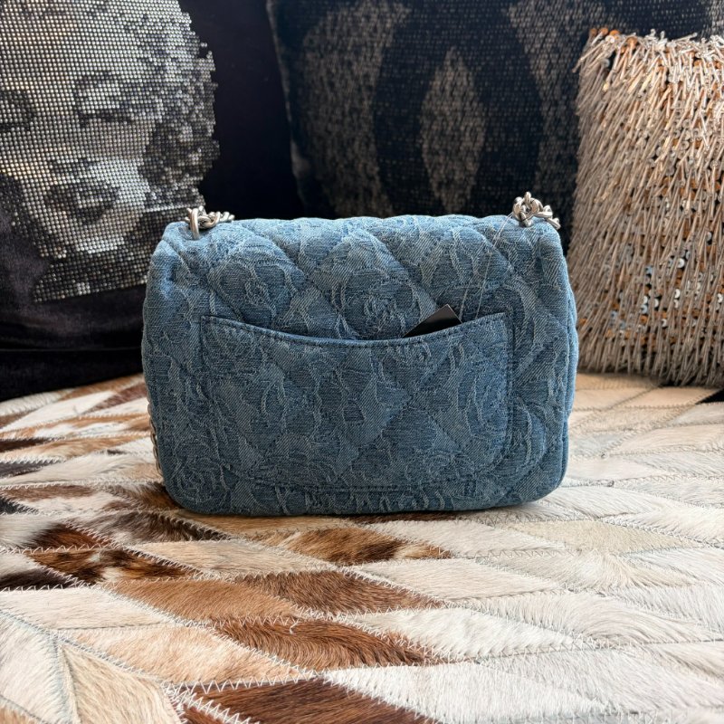 CHANEL 丹寧山茶花COCO鏈包 藍色 晶片款-2