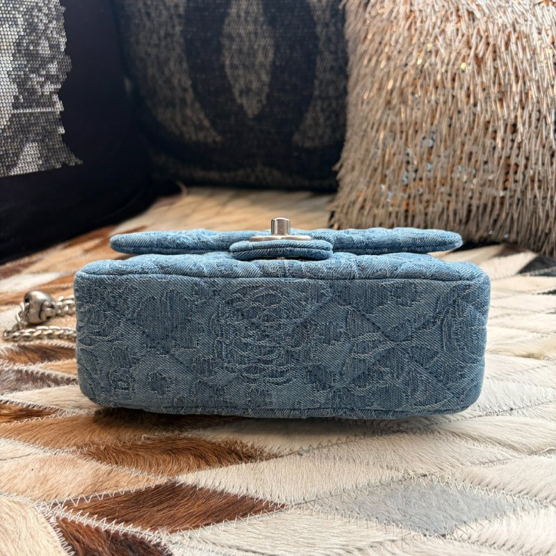 CHANEL 丹寧山茶花COCO鏈包 藍色 晶片款-3